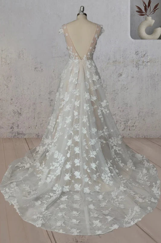 A-Line Floral Lace Appliques V-Neck Long Wedding Dress