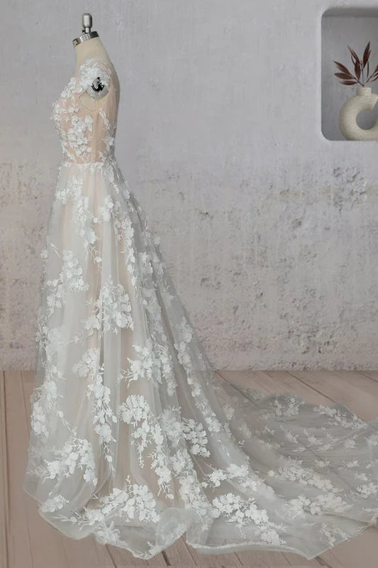 A-Line Floral Lace Appliques V-Neck Long Wedding Dress