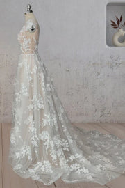 A-Line Floral Lace Appliques V-Neck Long Wedding Dress