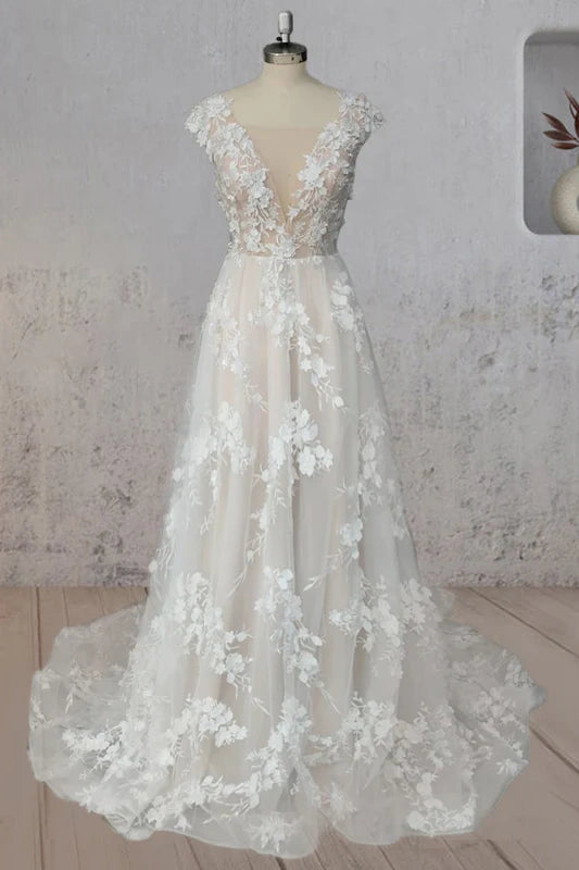 A-Line Floral Lace Appliques V-Neck Long Wedding Dress