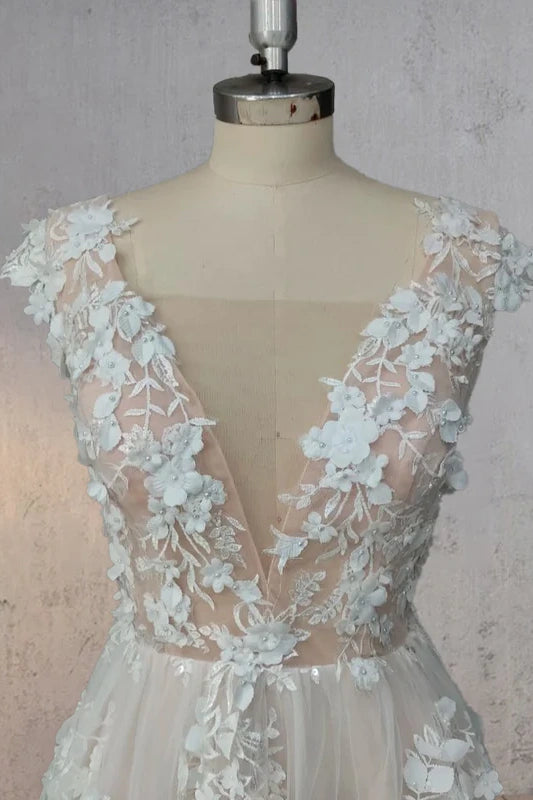 A-Line Floral Lace Appliques V-Neck Long Wedding Dress Custom Color / US 16 A-Line Floral Lace Appliques V-Neck Long Wedding Dress Custom Color / US 16