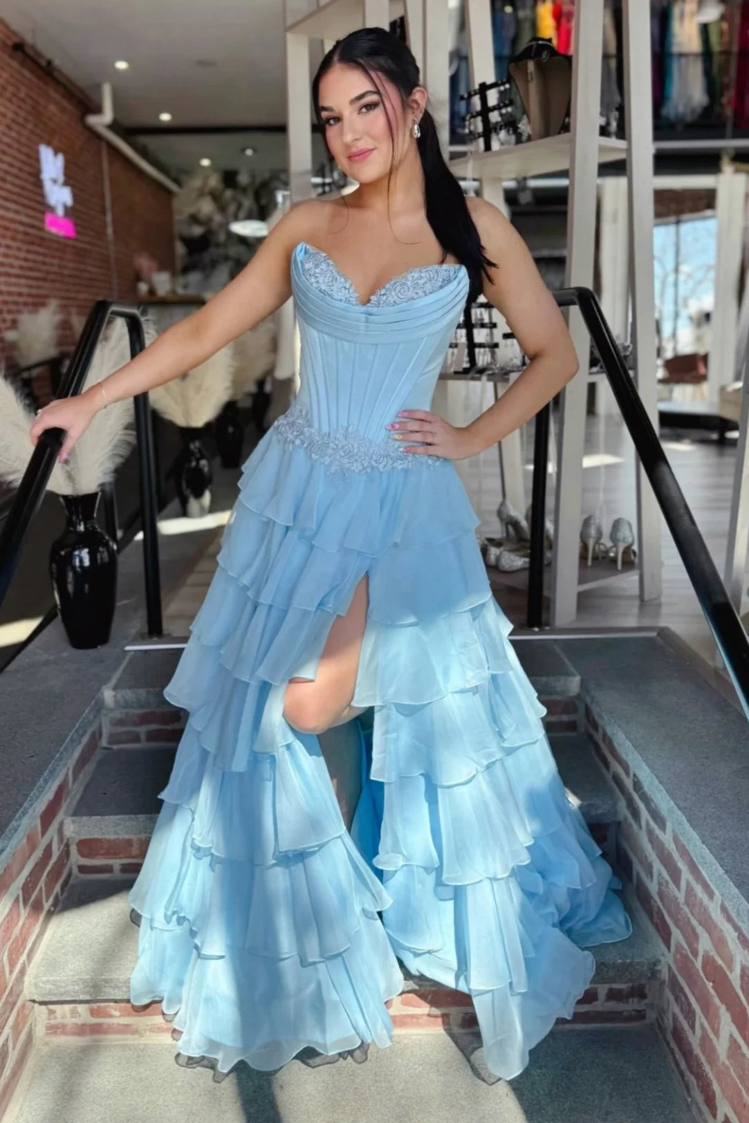 A-Line High Waist Chiffon Tiered Appliques Party Prom Dress