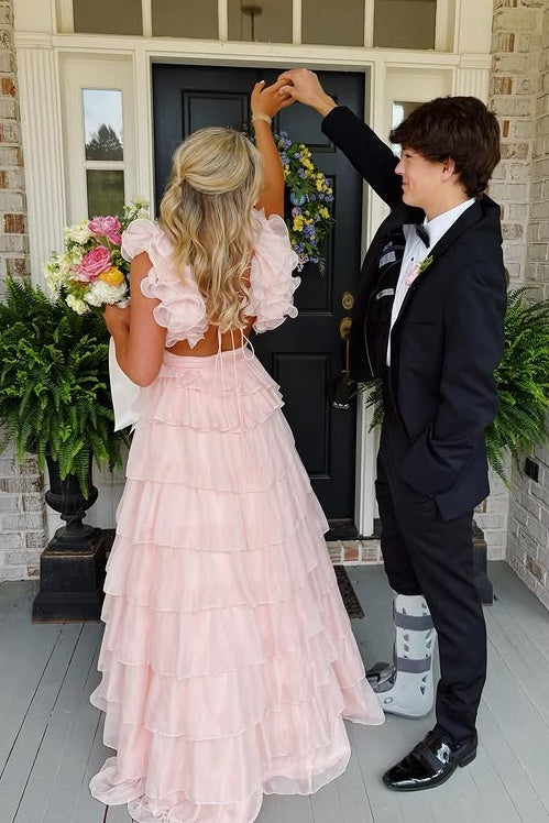 A-Line Low V-Neck Ruffled Straps Tiered Party Prom Dress