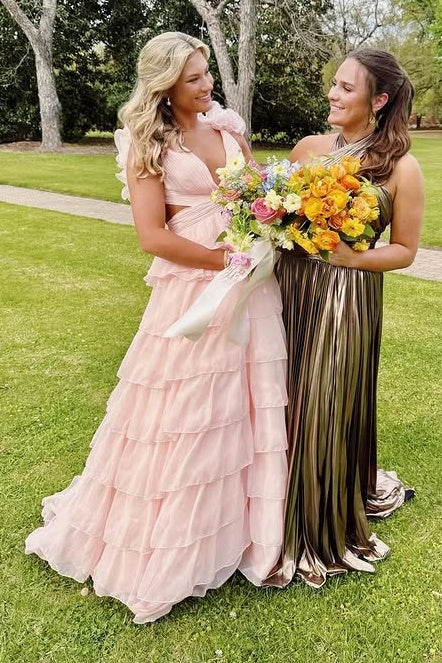 A-Line Low V-Neck Ruffled Straps Tiered Party Prom Dress