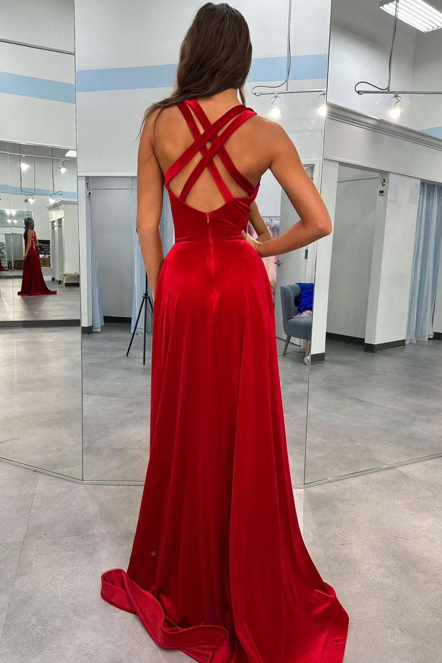 A-Line Low V-Neck Sleeveless Empire With Side Slit Prom Dress