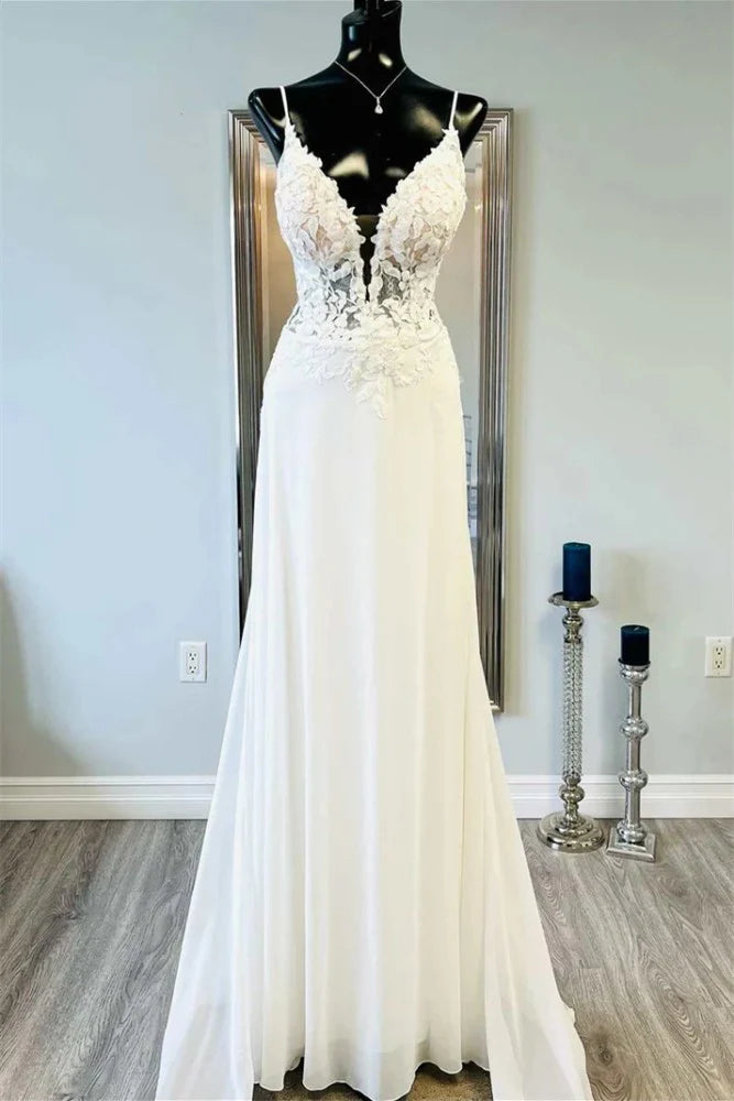 A-Line Low V-Neck Spaghetti Straps Lace Appliques Wedding Dress