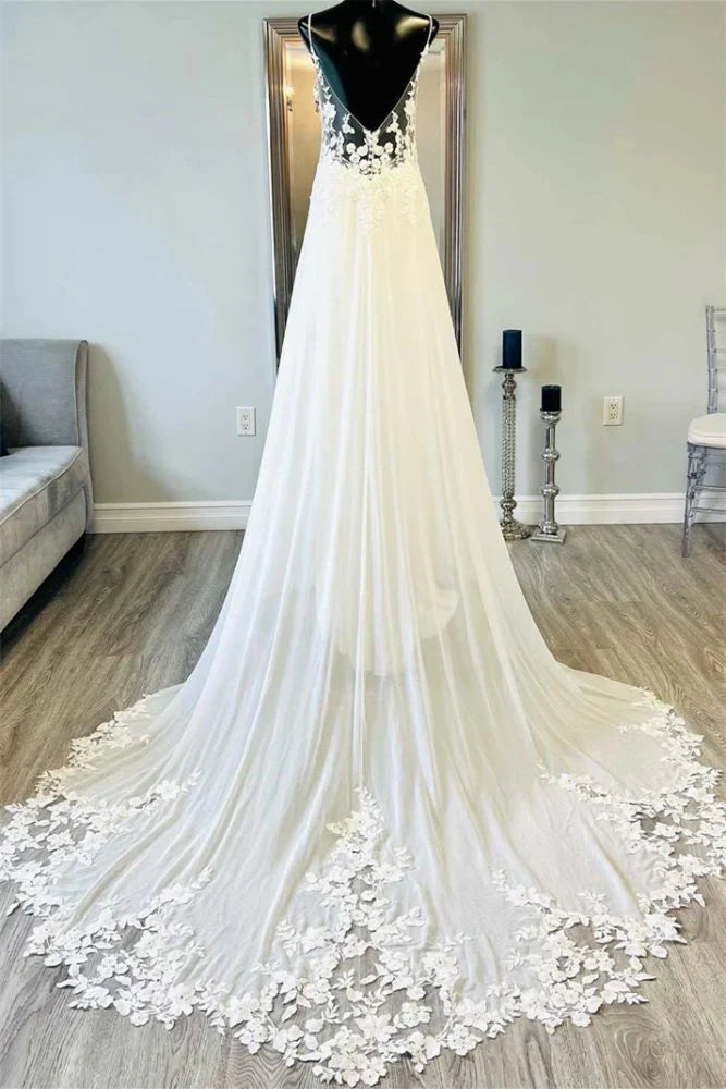 A-Line Low V-Neck Spaghetti Straps Lace Appliques Wedding Dress