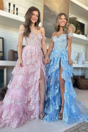 A-Line Off-Shoulder Empire With Side Slit Lace Prom Dress