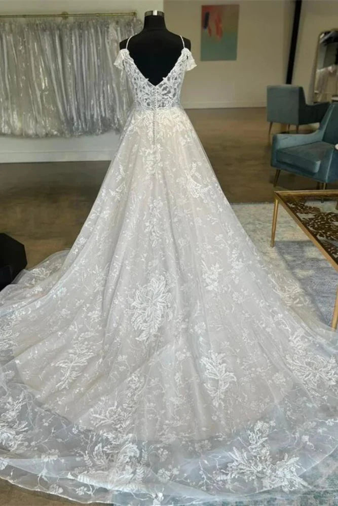 A-Line Off-Shoulder Fully Appliques with Train Wedding Dress White / US 8 A-Line Off-Shoulder Fully Appliques with Train Wedding Dress White / US 8