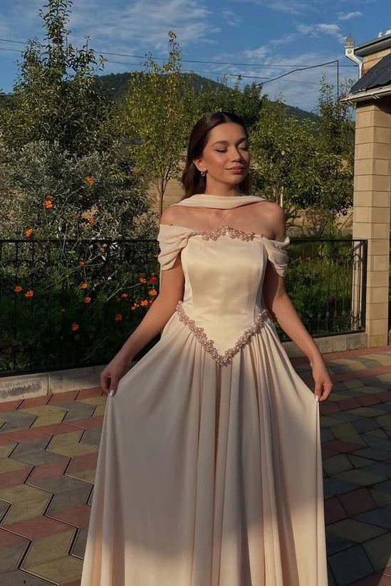 A-Line Off-Shoulder Two Tone Pearls Party Prom Dress