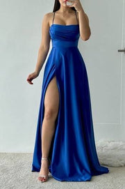 Satin A-Line Bateau Spaghetti Straps With Side Slit Prom Dress