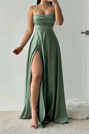 Satin A-Line Bateau Spaghetti Straps With Side Slit Prom Dress