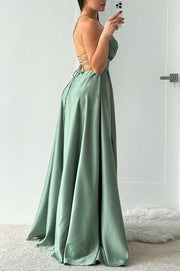 Satin A-Line Bateau Spaghetti Straps With Side Slit Prom Dress