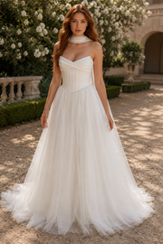 A-Line Satin And Tulle Strapless Empire Long Wedding Dress