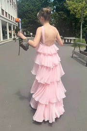 A-Line Sleeveless Backless Tiered Long Party Prom Dress