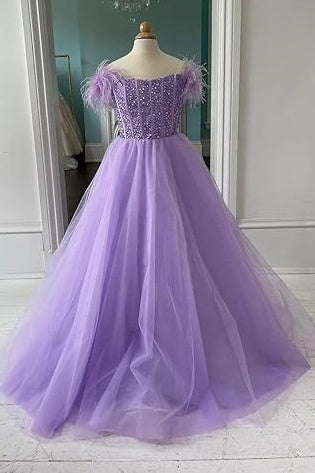 A-Line Sleeveless Empire Beaded Tulle Girl Pageant Dress