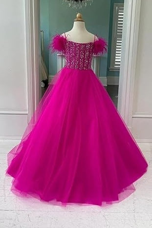 A-Line Sleeveless Empire Beaded Tulle Girl Pageant Dress