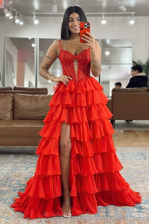 A-Line Sleeveless Sweetheart Lace And Chiffon Tiered Prom Party Dress