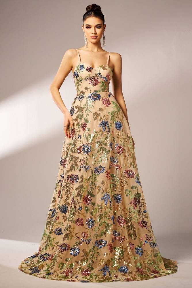 A-Line Spaghetti Straps Floral Party Evening Dress