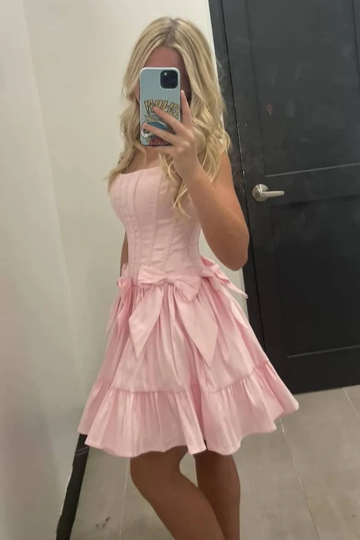 A-Line Strapless Corset Bows Empire Ruffle Homecoming Dress