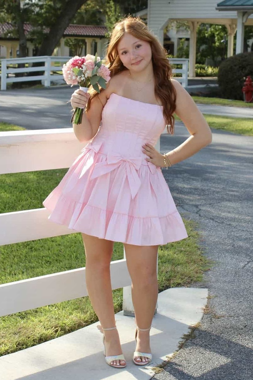 A-Line Strapless Corset Bows Empire Ruffle Homecoming Dress