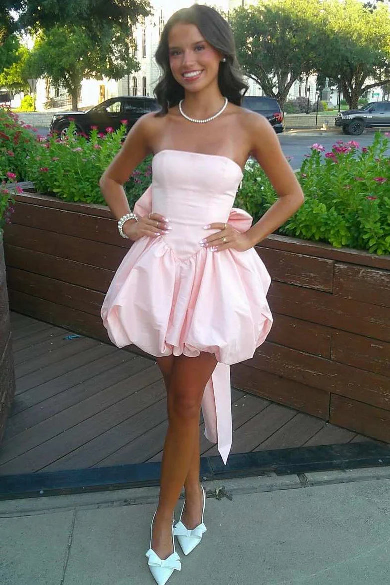 A-Line Strapless Empire Satin Homecoming Dress With Bow