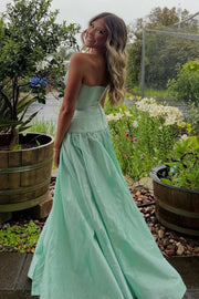 A-Line Strapless Satin Mint Green Long Party Prom Dress