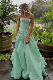A-Line Strapless Satin Mint Green Long Party Prom Dress
