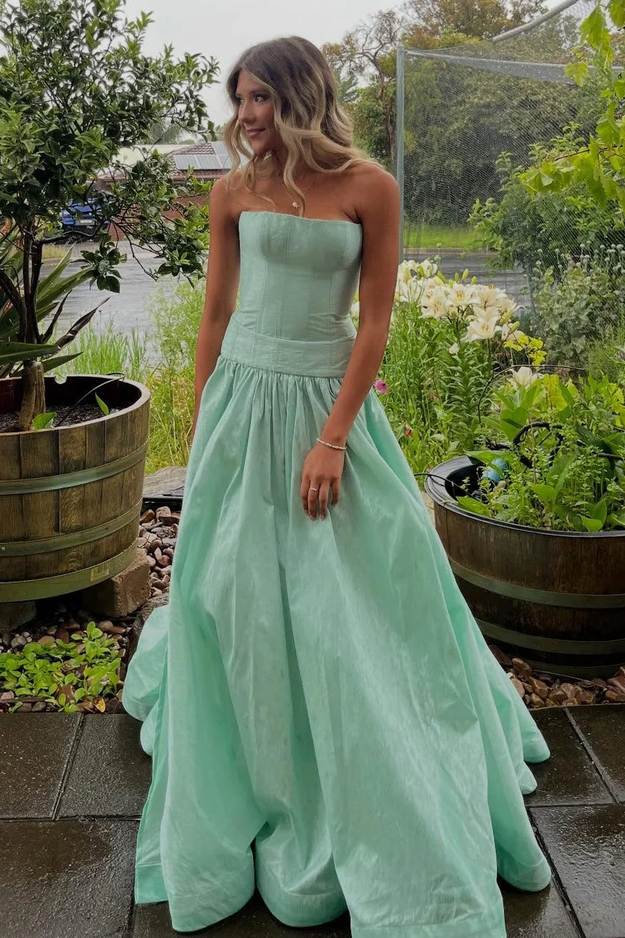 A-Line Strapless Satin Mint Green Long Party Prom Dress
