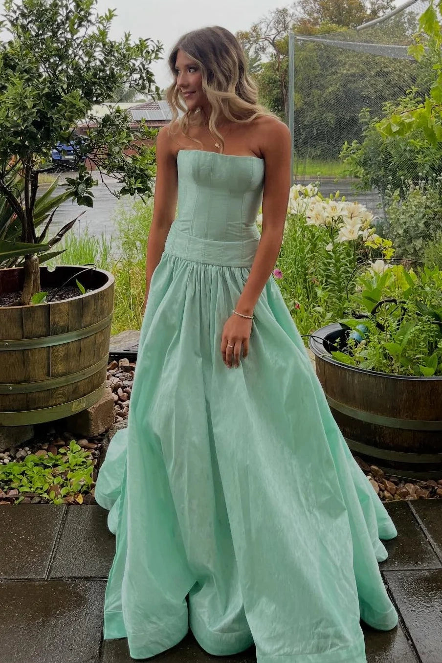 A-Line Strapless Satin Mint Green Long Party Prom Dress