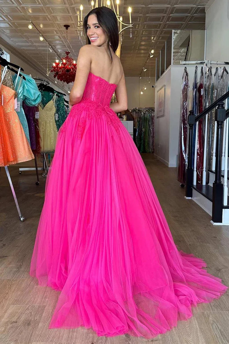 A-Line Sweetheart Strapless Empire Appliques Tulle Prom Dress