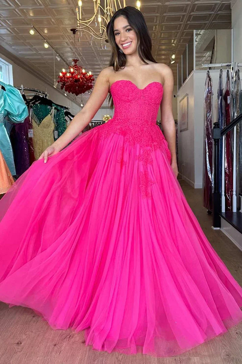 A-Line Sweetheart Strapless Empire Appliques Tulle Prom Dress