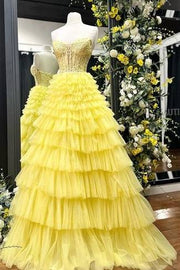 A-Line Sweetheart Strapless Lace Appliques Tiered Prom Dress