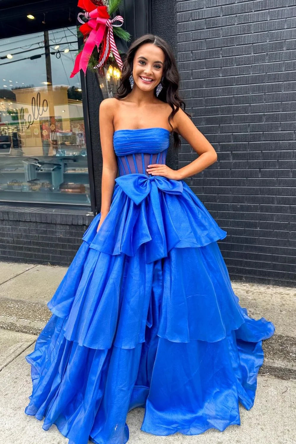 A-Line Tiered Empire Long Party Prom Dress With Bow