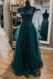 A-Line V-Neck Backless Tulle And Lace Prom Dress