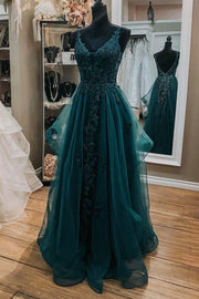 A-Line V-Neck Backless Tulle And Lace Prom Dress