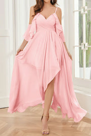 A-Line V-Neck Ruffled Off-Shoulder Empire Bridesmaid Dress