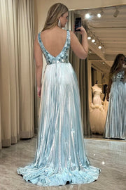 A-Line V-Neck Sleeveless Backless Beaded Party Prom Dress