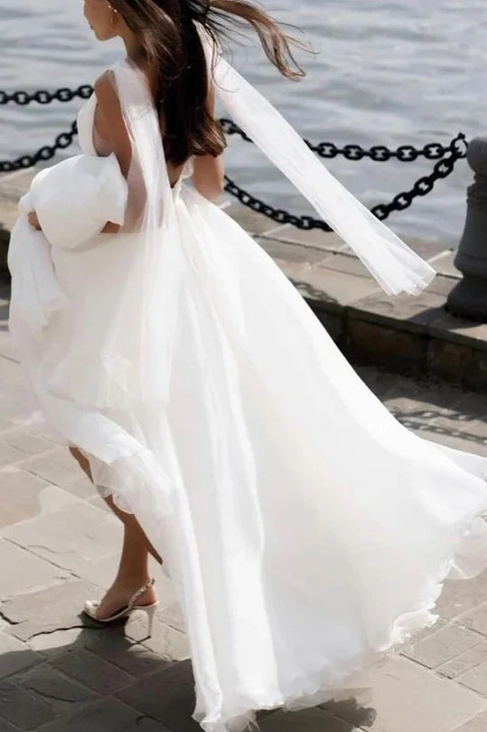 A-Line V-Neck Sleeveless Tulle Summer Wedding Dress