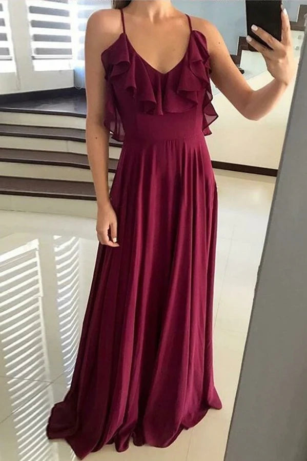 A-Line V-Neck Spaghetti Straps Ruffled Long Bridesmaid Dress