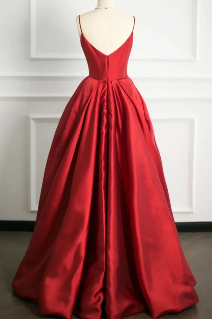 A-Line V-Neck Spaghetti Straps Satin Empire Party Prom Dress