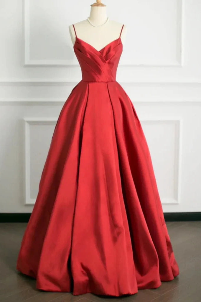 A-Line V-Neck Spaghetti Straps Satin Empire Party Prom Dress