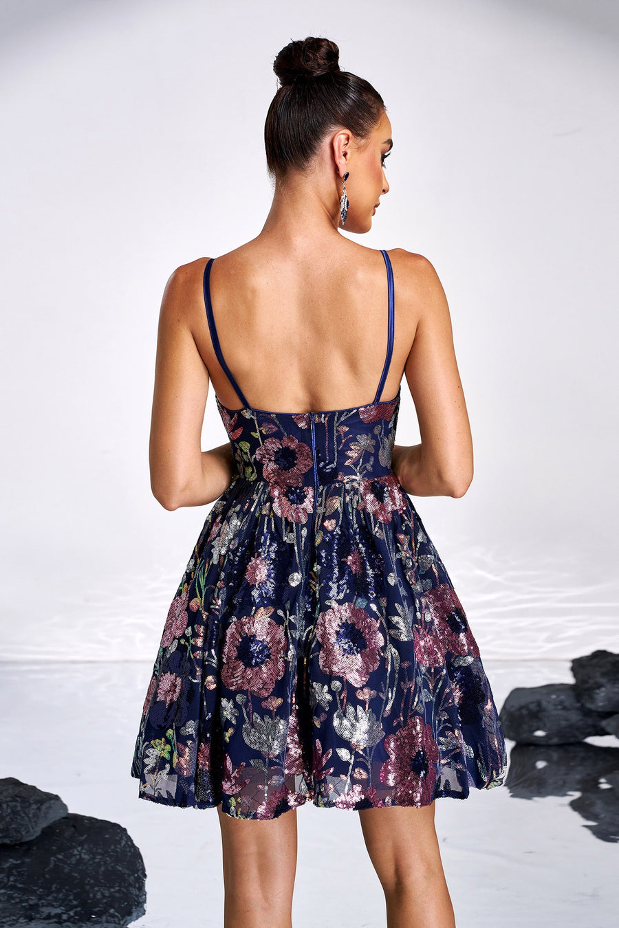 A-Line V-Neck Spaghetti Straps Short Floral Party Evening Dress