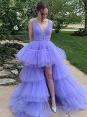 A-Line V-Neck Tulle Tiered High Low Prom Dress