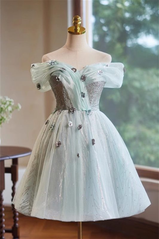 A-Line Off the Shoulder Tulle with Hand Made Flower 
