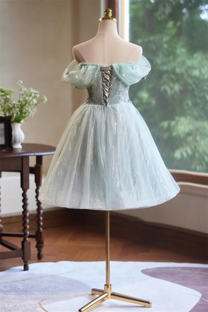 A-Line Off the Shoulder Tulle with Hand Made Flower Back View