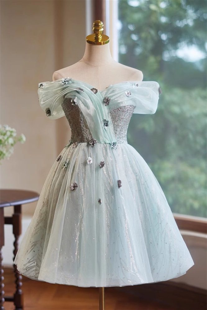 A-Line Off the Shoulder Tulle with Hand Made Flower Front Vew