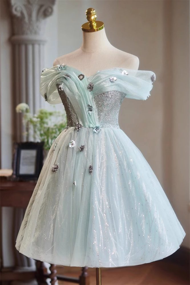 A-Line Off the Shoulder Tulle with Hand Made Flower Left Sided View