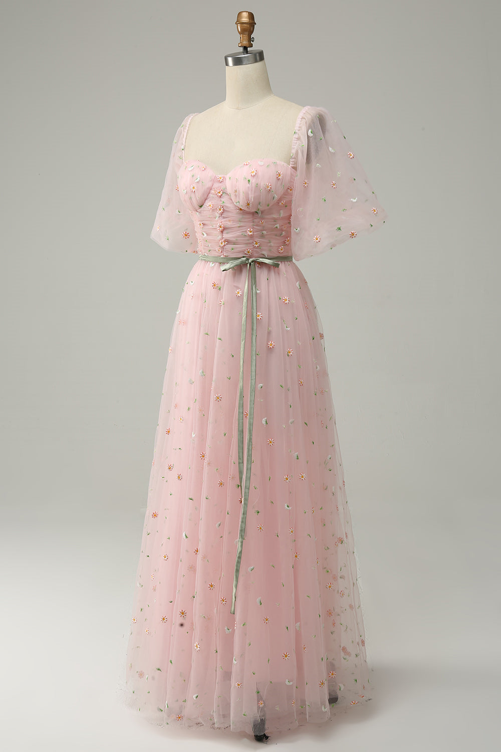 Pink Illusion Puff Sleeves Embroideries A-line Long Prom Dress with Sash