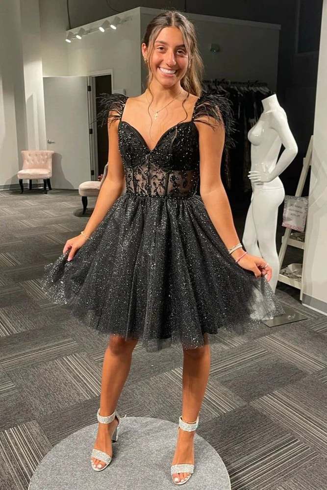 Black Cute Homecoming Dresses A Line Black Sparkly Tulle Homecoming Dress Black / Custom Size Black Cute Homecoming Dresses A Line Black Sparkly Tulle Homecoming Dress Black / Custom Size